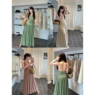𝐩𝐡𝐢𝐞𝐧 𝐘𝐉𝐈𝐀 | (Sẵn Be,Hồng) 6817 Set Áo Yếm Cổ V Hở Lưng Mix Chân Váy Midi Xoè Dáng Dài