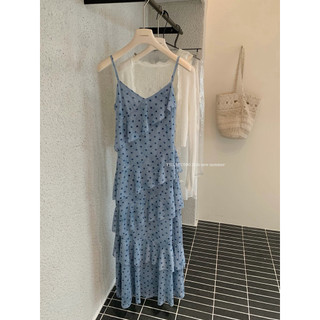 𝐩𝐡𝐢𝐞𝐧 𝐘𝐉𝐈𝐀 | 5731 Váy 2 Dây Chấm Bi Thun Pha Lưới Màu Xanh Dáng Maxi Tầng Chéo