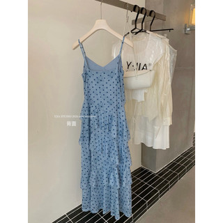 𝐩𝐡𝐢𝐞𝐧 𝐘𝐉𝐈𝐀 | 5731 Váy 2 Dây Chấm Bi Thun Pha Lưới Màu Xanh Dáng Maxi Tầng Chéo