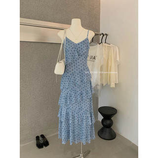 𝐩𝐡𝐢𝐞𝐧 𝐘𝐉𝐈𝐀 | 5731 Váy 2 Dây Chấm Bi Thun Pha Lưới Màu Xanh Dáng Maxi Tầng Chéo
