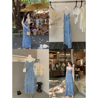 𝐩𝐡𝐢𝐞𝐧 𝐘𝐉𝐈𝐀 | 5731 Váy 2 Dây Chấm Bi Thun Pha Lưới Màu Xanh Dáng Maxi Tầng Chéo