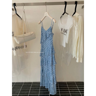 𝐩𝐡𝐢𝐞𝐧 𝐘𝐉𝐈𝐀 | 5731 Váy 2 Dây Chấm Bi Thun Pha Lưới Màu Xanh Dáng Maxi Tầng Chéo