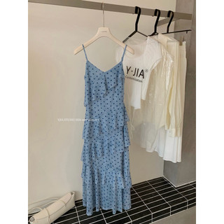 𝐩𝐡𝐢𝐞𝐧 𝐘𝐉𝐈𝐀 | 5731 Váy 2 Dây Chấm Bi Thun Pha Lưới Màu Xanh Dáng Maxi Tầng Chéo