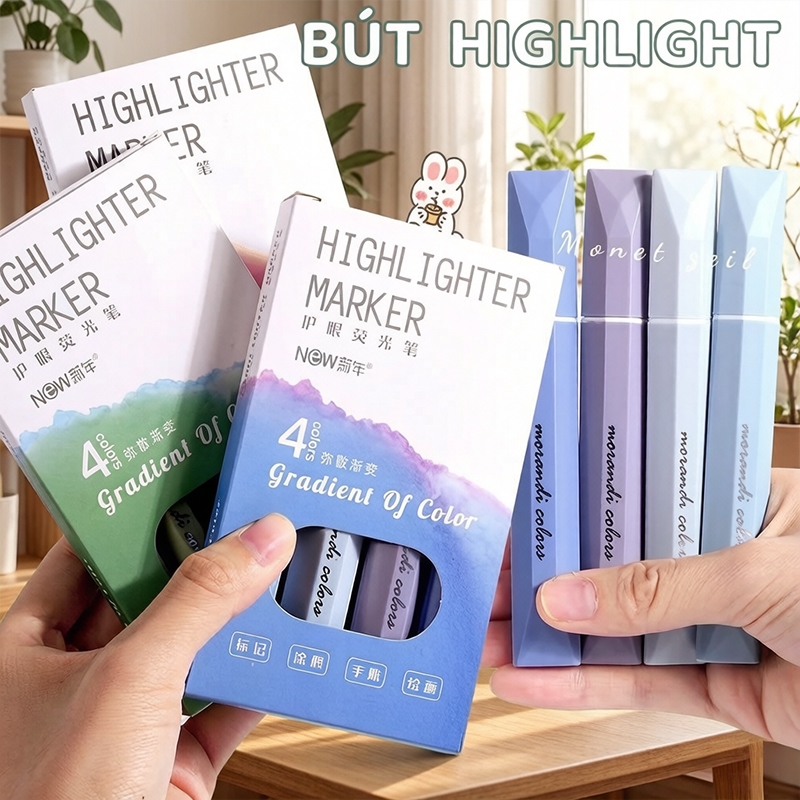 Bộ 4 bút highlight gradient pastel xinh xắn, mực trong suốt bền màu cho ghi chú sổ tay học sinh