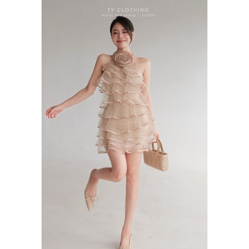 [ TY CLOTHING ] Váy nâu tầng viền bèo, kèm hoa, Kèm váy lót trong , váy đi tiệc , hàng thiết kế - TY CLOTHING