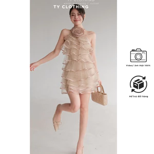 Váy nâu tầng viền bèo, kèm hoa, Kèm váy lót trong , váy đi tiệc , hàng thiết kế - TY CLOTHING