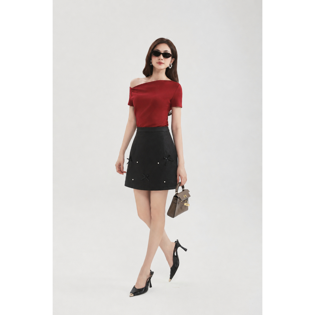 Chân Váy Nữ GUMAC Form Chữ A Cơ Bản Chất Taffeta Đính Hạt Phối Nơ Có Lót Quần Sang Trọng LVG05047