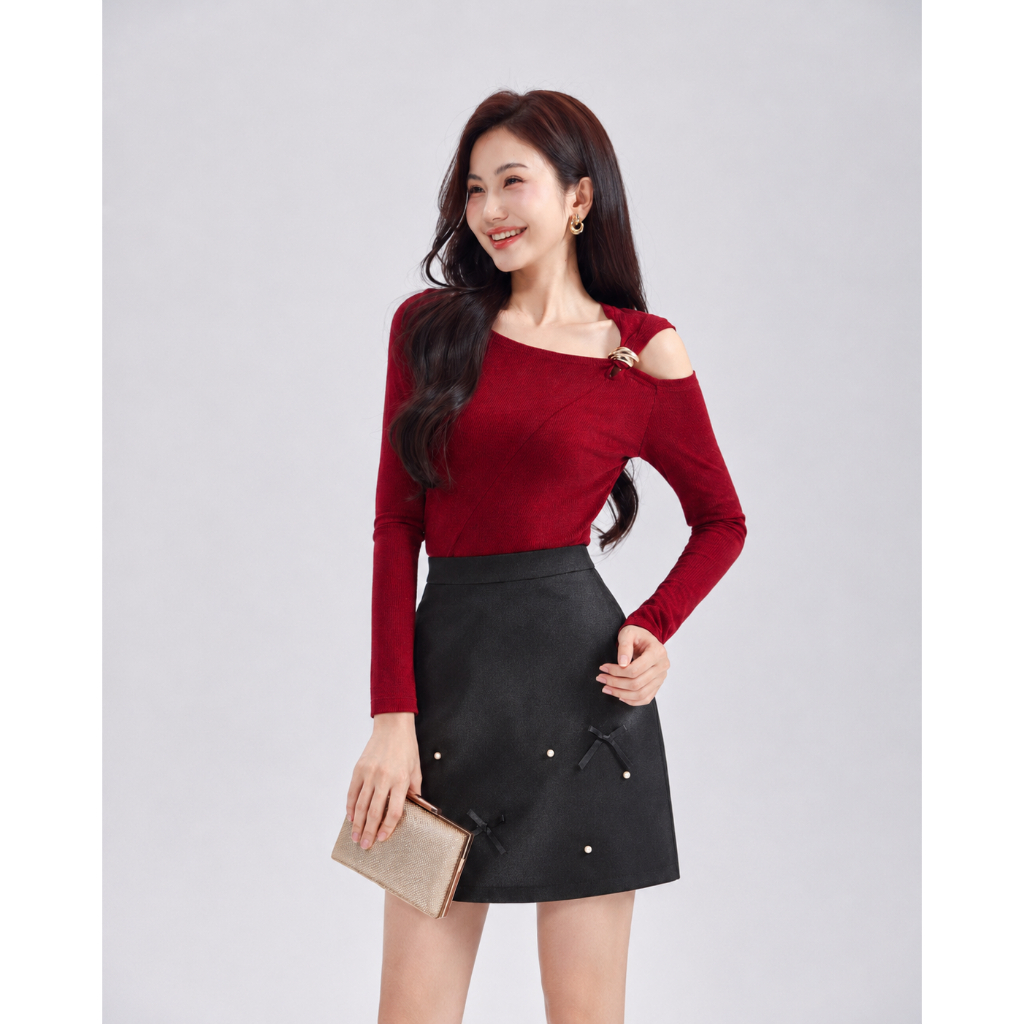 Chân Váy Nữ GUMAC Form Chữ A Cơ Bản Chất Taffeta Đính Hạt Phối Nơ Có Lót Quần Sang Trọng LVG05047