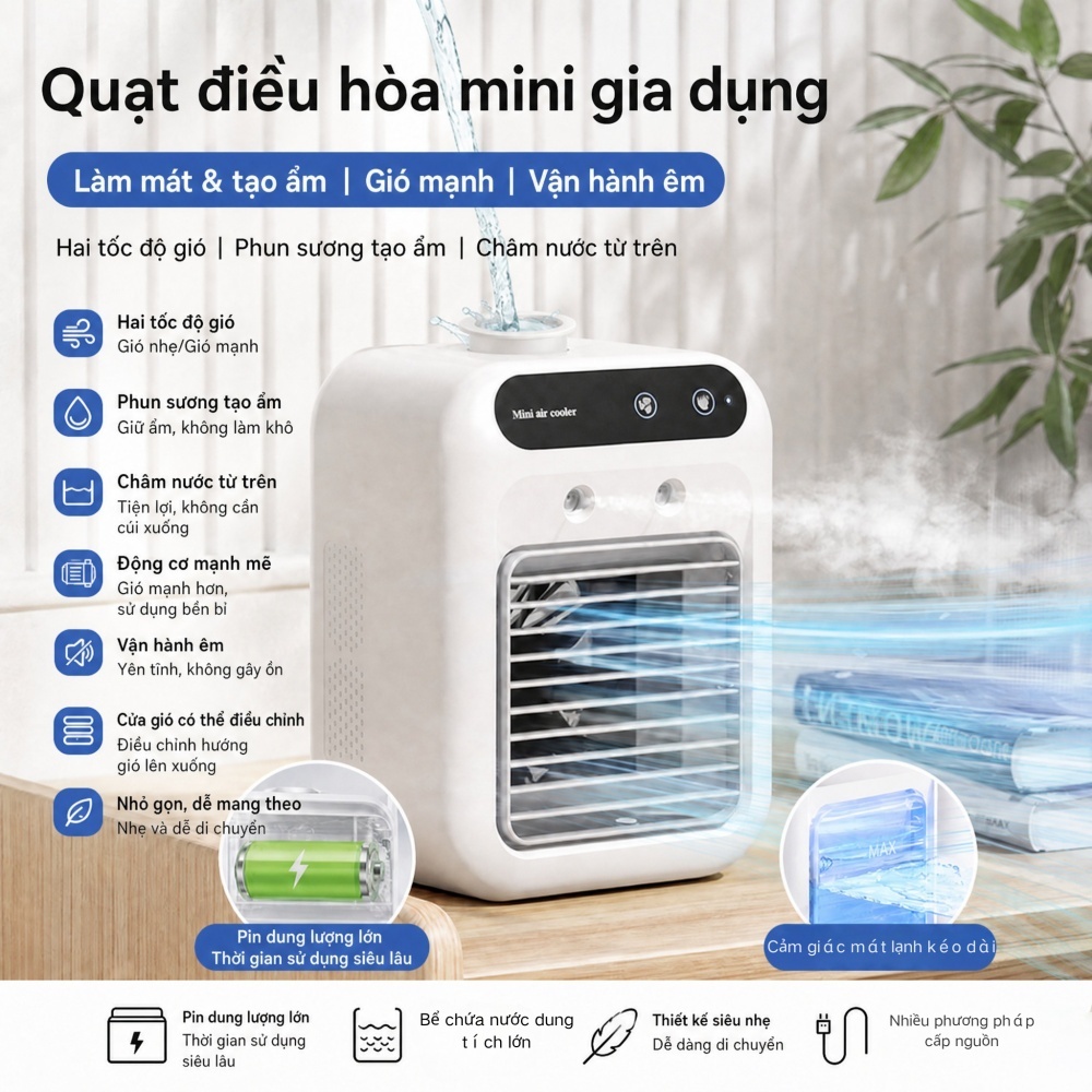 Điều hòa phun sương mini 500ml, 2 chế độ, tích điện, cảm ứng, siêu mát – Máy làm mát hơi nước