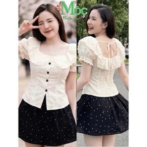 Set váy ngắn, Set thiết kế áo cánh tiên Ren Xô Hoa moking sau mix chân váy full bi ngắn có lót