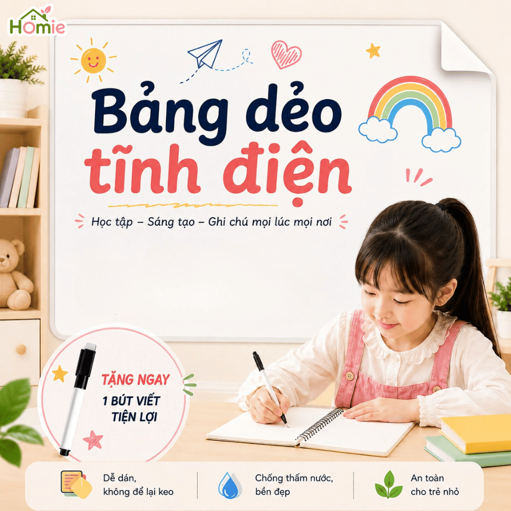 Bảng Trắng Dán Tường Tĩnh Điện, Bảng Tự Dán Không Hại Tường, Bảng Viết Bút Lông Không Dùng Keo HOMIE