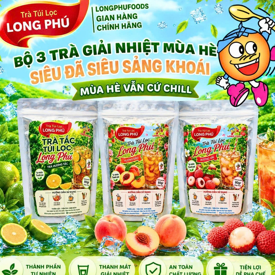 Trà Đào, Trà Vải, Trà Tắc Túi Lọc Long Phú 60gr(30 gói x 2gr) - Chuyên Pha Trà, Gói Nhỏ Tiện Lợi, Dễ Uống