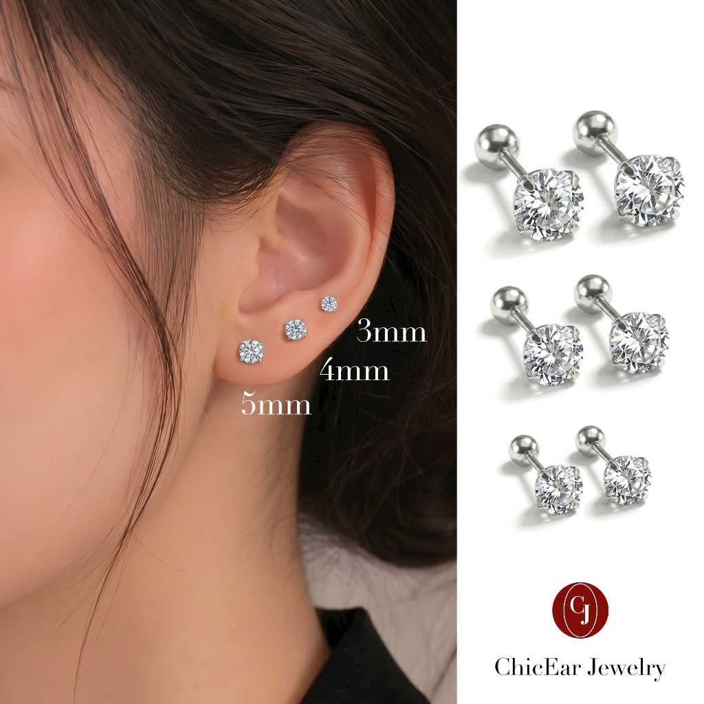 [Bạc 925]Bông tai nụ nam nữ chuôi bạc 925 đính đá Zircon,bông tai nụ bạc nam nữ phong cách Hàn Quốc bền đẹpChicEarJewery