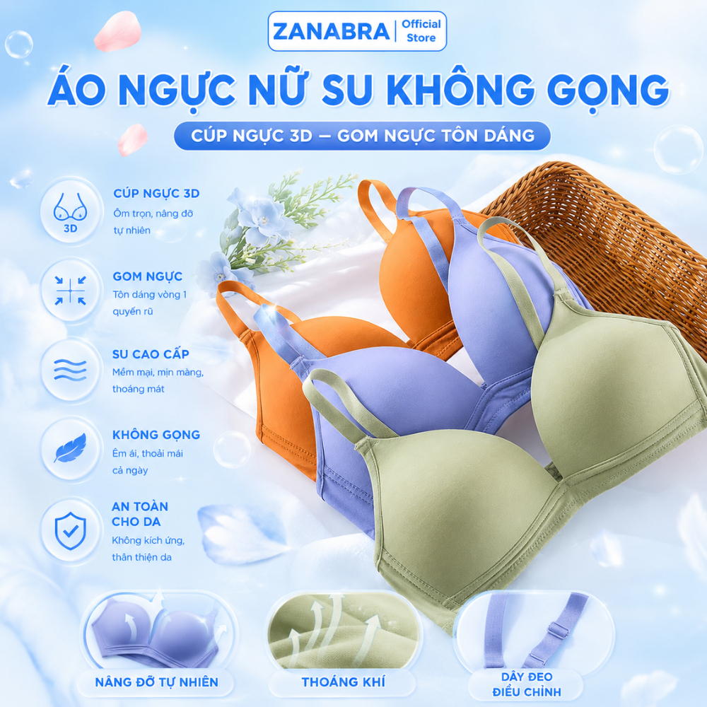 Combo 3 Áo Ngực Su Trơn - Set 3 Áo Lót Nữ Không Gọng, Đệm Mỏng Mặc Dễ Chịu ZANABRA A639