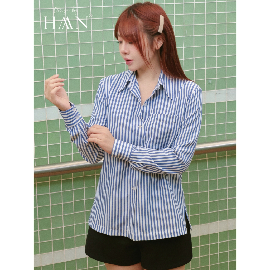 Áo sơ mi kẻ xanh nữ dài tay dáng rộng basic chất liệu mềm mát trẻ trung HAAN Design - SM2614