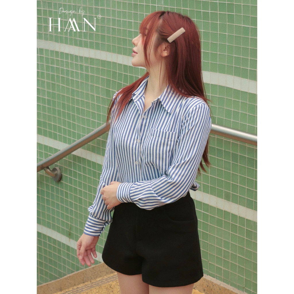 Áo sơ mi kẻ xanh nữ dài tay dáng rộng basic chất liệu mềm mát trẻ trung HAAN Design - SM2614