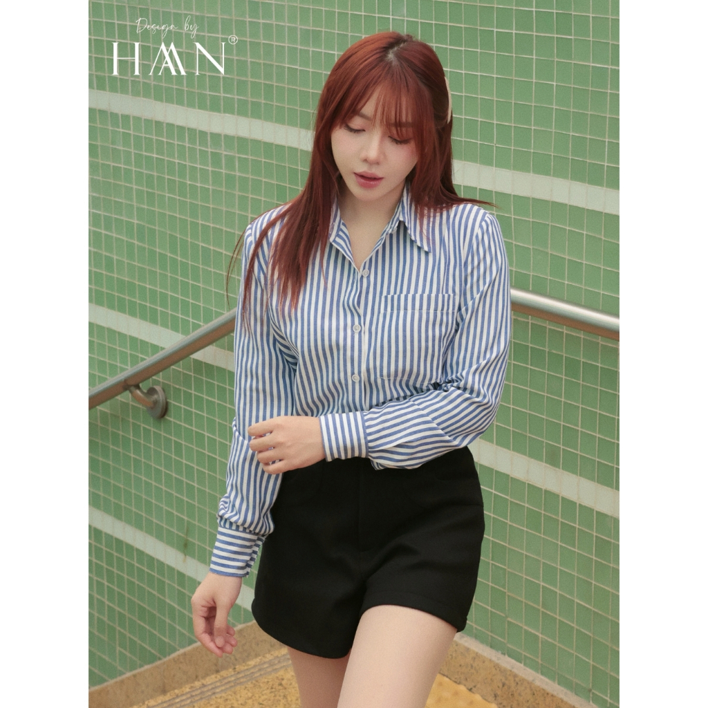 Áo sơ mi kẻ xanh nữ dài tay dáng rộng basic chất liệu mềm mát trẻ trung HAAN Design - SM2614
