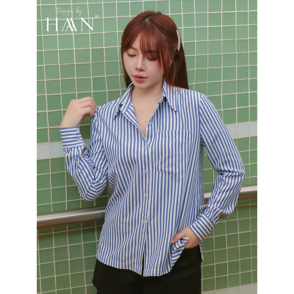 Áo sơ mi kẻ xanh nữ dài tay dáng rộng basic chất liệu mềm mát trẻ trung HAAN Design - SM2614