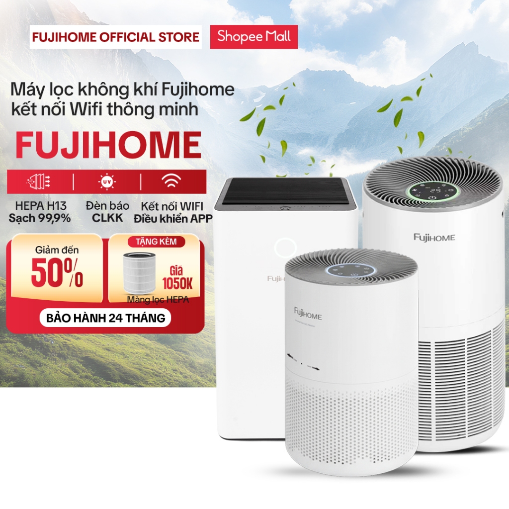Máy lọc không khí diệt khuẩn UV Led FUJIHOME, màng HEPA lọc sạch bụi siêu mịn PM2.5, kết nối WIFI điều khiển APP
