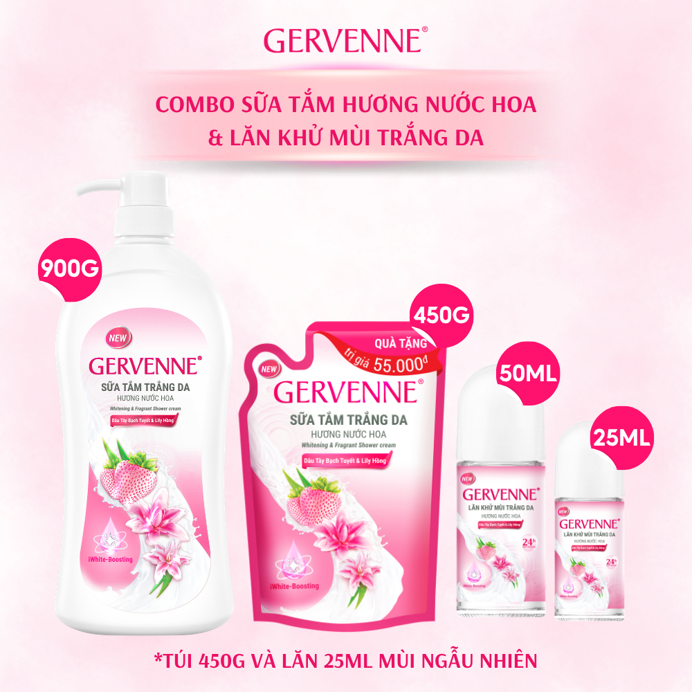 COMBO Sữa tắm trắng da Gervenne và Lăn khử mùi 50ml tặng quấn kèm túi sữa tắm 450g và lăn khử mùi 25ml