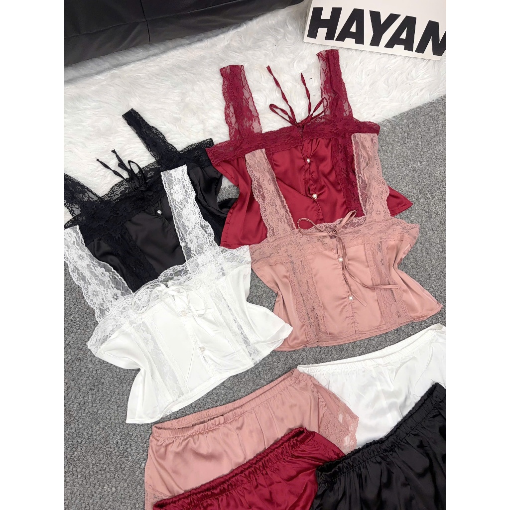 HT58 Bộ ngủ sexy hoạ tiết ren hoa xẻ hông gợi cảm, đồ ngủ lụa sexy mặc nhà tôn dáng HT58