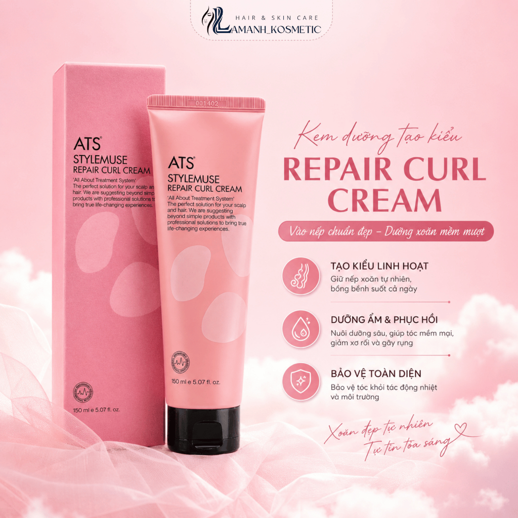 Kem Tạo Kiểu Tóc Xoăn ATS Stylemuse Repair Curl Cream 150ml | Hỗ Trợ Giữ Nếp, Giảm Xù, Lọn Xoăn Mềm Tự Nhiên.