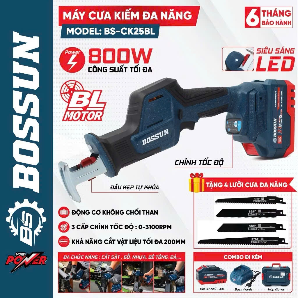 Máy cưa kiếm Pin BOSHUN không chổi than 3 Tốc Độ Chân Pin Phổ Thông Tặng Kèm 4 Lưỡi