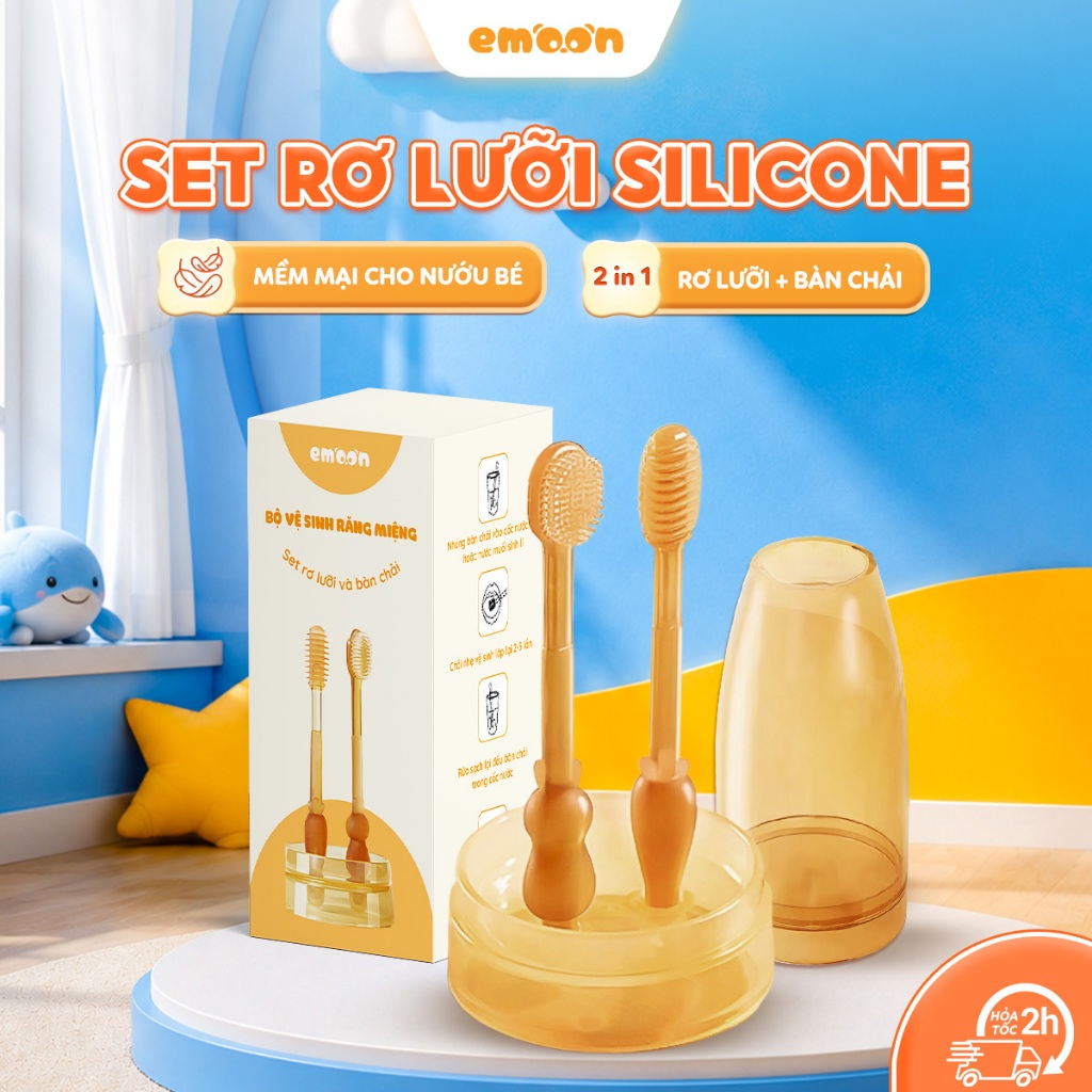 Set rơ lưỡi silicone kèm bàn chải đánh răng Emoon cao cấp siêu mềm cho bé