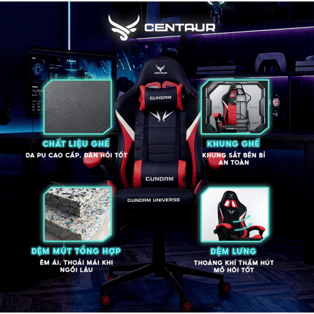 Ghế Gaming Centaur Gundam Universe Form Công Thái Học Khung Full Thép Chịu Lực Cao, Da PU Cao Cấp , Ngả 135 Độ | BigBuy360 - bigbuy360.vn