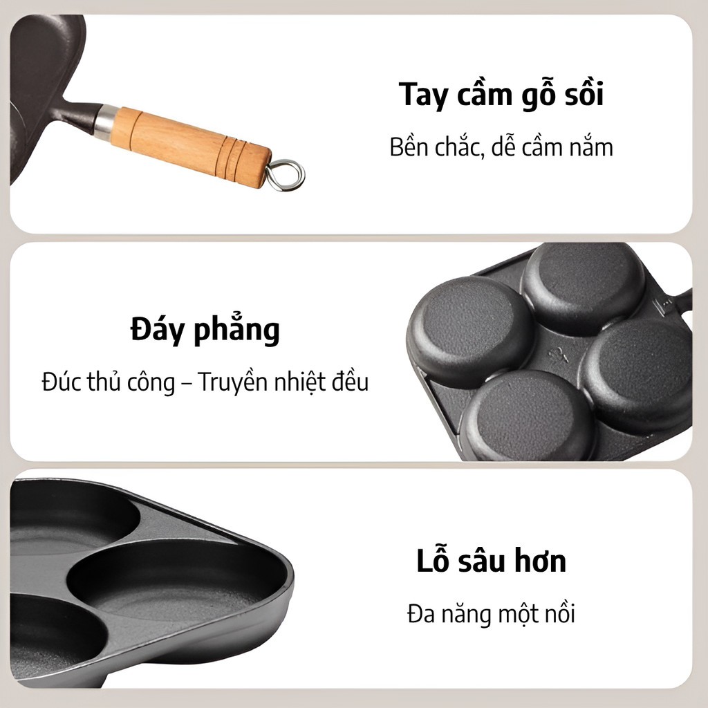 Chảo 4 ngăn chảo chiên trứng làm bánh chống dính tay cầm gỗ dùng trên bếp từ