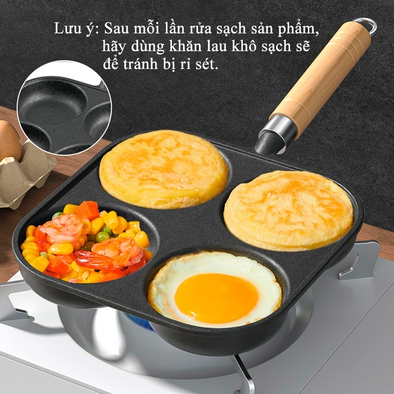 Chảo 4 ngăn chảo chiên trứng làm bánh chống dính tay cầm gỗ dùng trên bếp từ