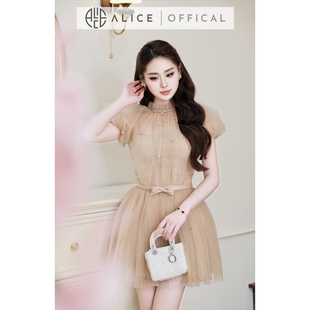 Váy Dự Tiệc Tiểu Thư Cao Cấp Alice Chất Lưới Đính Đá, Đầm Ngắn Tay Bồng Cổ Tròn Kèm Đai Nơ V1473