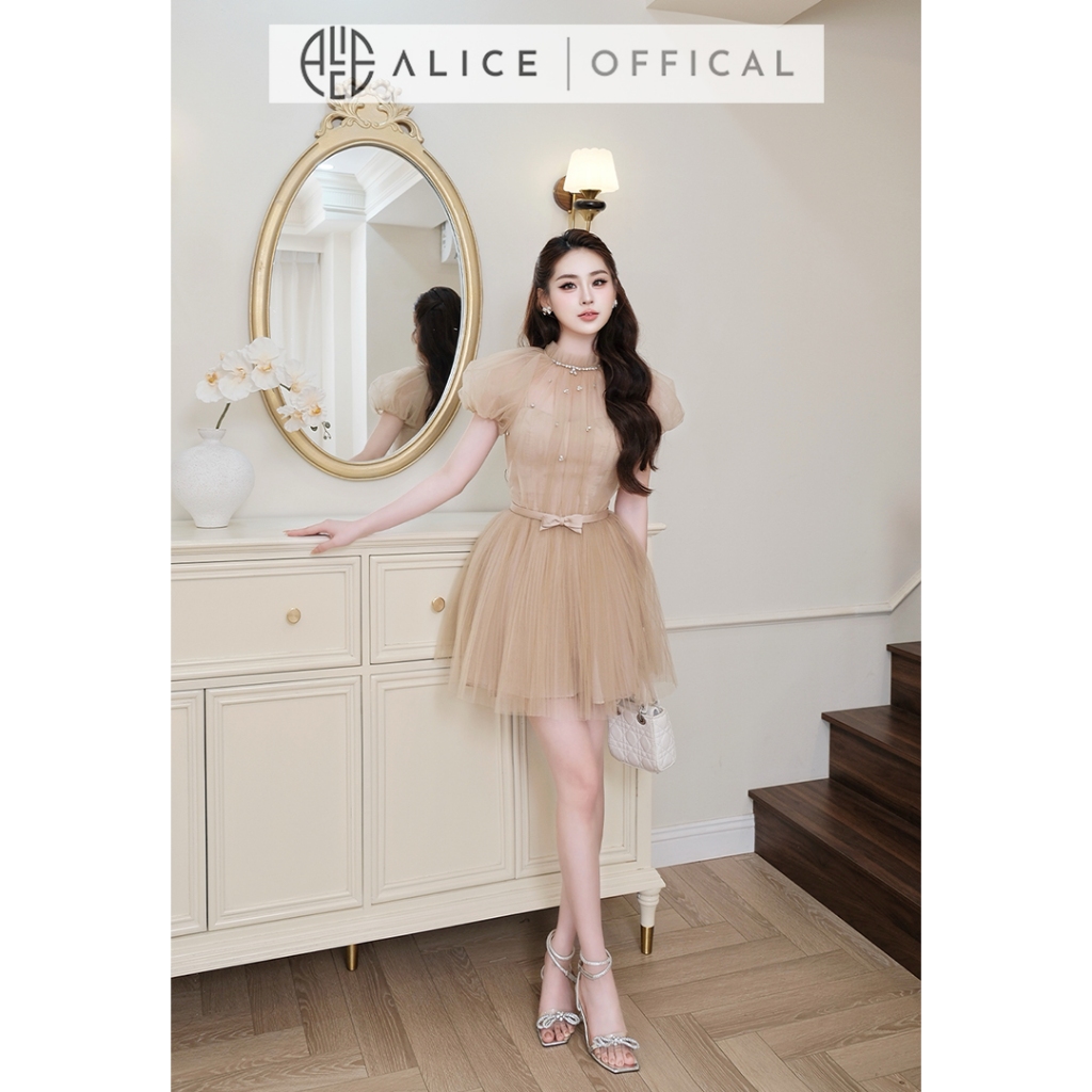 Váy Dự Tiệc Tiểu Thư Cao Cấp Alice Chất Lưới Đính Đá, Đầm Ngắn Tay Bồng Cổ Tròn Kèm Đai Nơ V1473