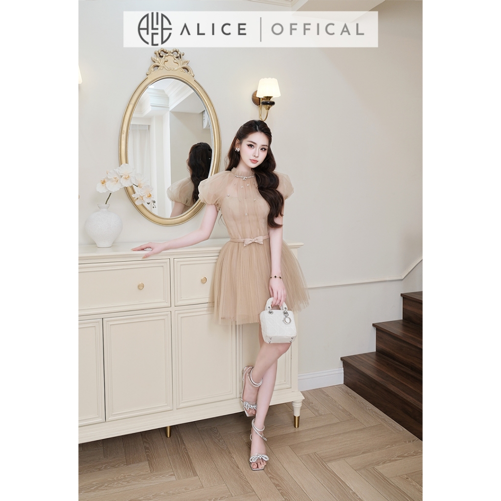 Váy Dự Tiệc Tiểu Thư Cao Cấp Alice Chất Lưới Đính Đá, Đầm Ngắn Tay Bồng Cổ Tròn Kèm Đai Nơ V1473