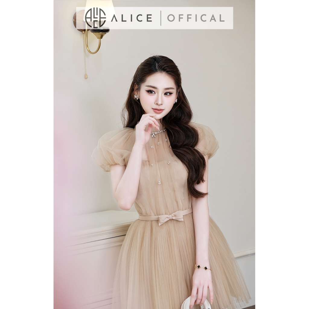 Váy Dự Tiệc Tiểu Thư Cao Cấp Alice Chất Lưới Đính Đá, Đầm Ngắn Tay Bồng Cổ Tròn Kèm Đai Nơ V1473