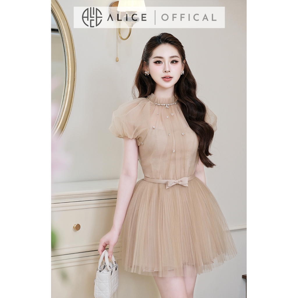 Váy Dự Tiệc Tiểu Thư Cao Cấp Alice Chất Lưới Đính Đá, Đầm Ngắn Tay Bồng Cổ Tròn Kèm Đai Nơ V1473