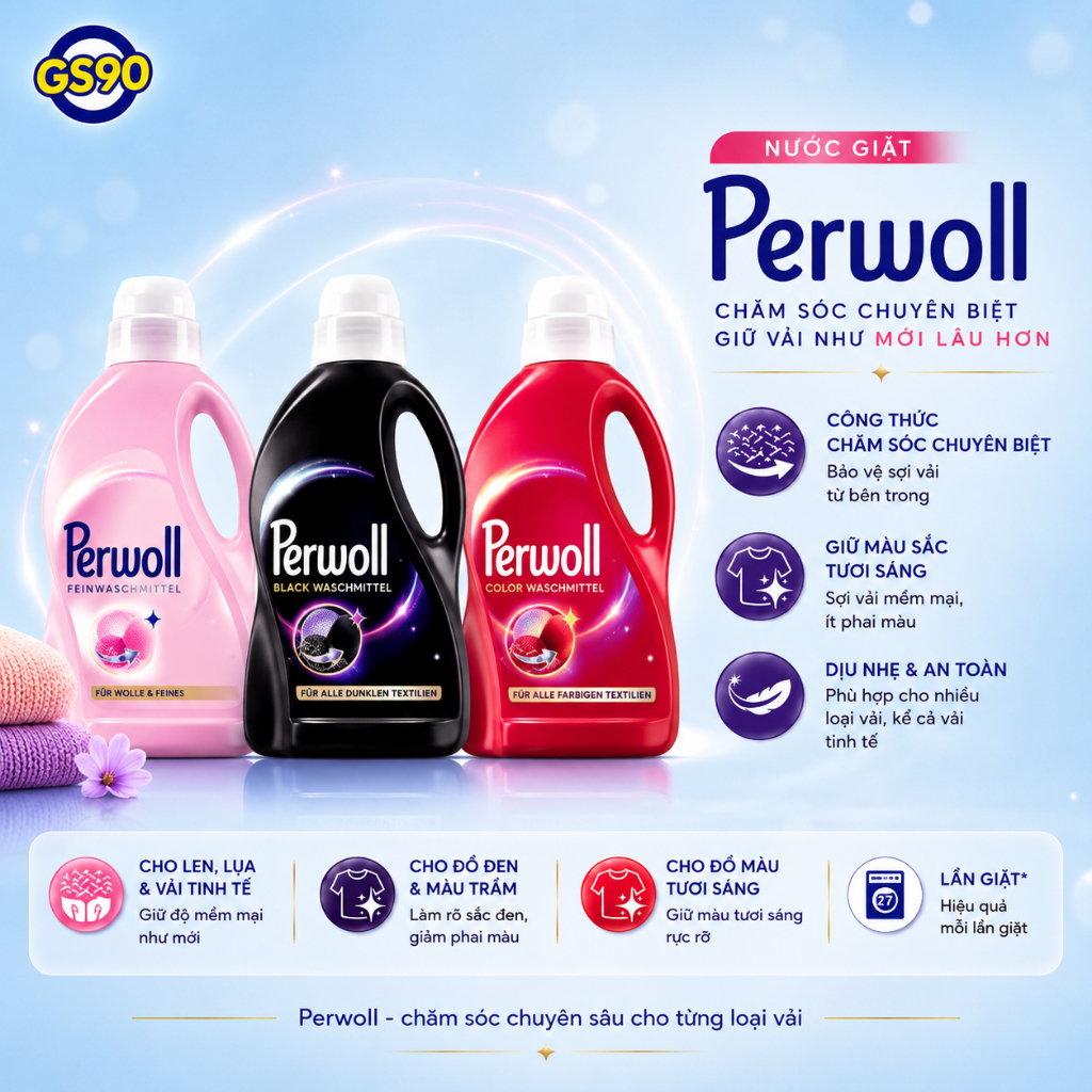 Nước Giặt Perwoll Đức 1.35 Lít Khôi Phục Và Giữ Màu Quần Áo, Hạn Chế Nhăn, Bảo Vệ Sợi Len Lụa