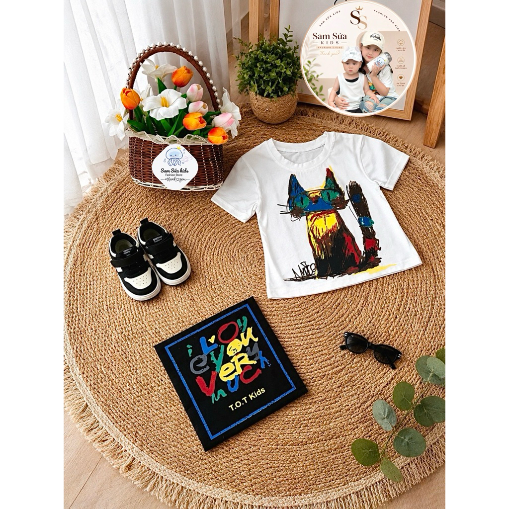 {8-45KG} 🌟 ÁO THUN UNISEX HỌA TIẾT CÚ MÈO – Áo Thun Bé Trai Bé Gái Cotton Mềm, Co Giãn 4 Chiều | Sam Sứa Kids