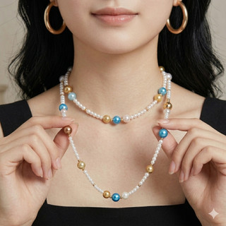 N1169 Vòng Cổ Ngọc nhân tạo đá khoá năm châm cao cấp, dây chuyền ngọc trai nhân tạo trắng kem xanh dương