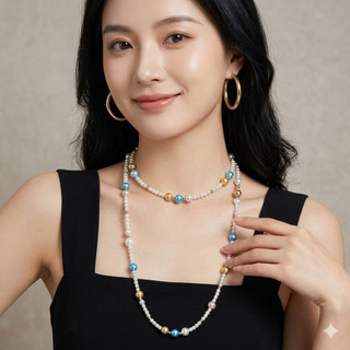 N1169 Vòng Cổ Ngọc nhân tạo đá khoá năm châm cao cấp, dây chuyền ngọc trai nhân tạo trắng kem xanh dương