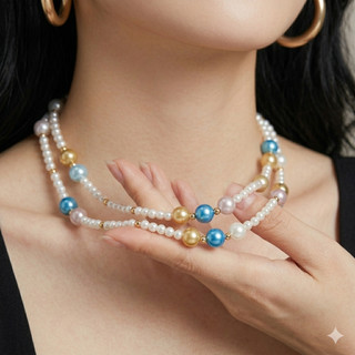 N1169 Vòng Cổ Ngọc nhân tạo đá khoá năm châm cao cấp, dây chuyền ngọc trai nhân tạo trắng kem xanh dương