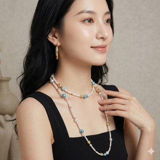 N1169 Vòng Cổ Ngọc nhân tạo đá khoá năm châm cao cấp, dây chuyền ngọc trai nhân tạo trắng kem xanh dương