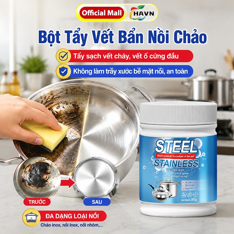 Bột tẩy đa năng nhập khẩu - Tẩy xoong nồi chảo inox, nhà bếp, nhà tắm - Làm sạch dầu mỡ, cặn canxi, ố vàng - Vệ sinh an