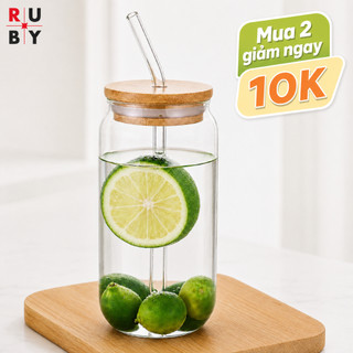 Ly Thủy Tinh Chịu Nhiệt Nắp Tre 500ml Trong Suất, Có Ống Hút Thủy Tinh, Tặng Cọ Vệ Sinh Ống Hút