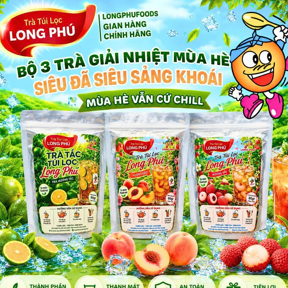 Trà Đào, Trà Vải, Trà Tắc Túi Lọc Long Phú 60gr (30 gói x 2gr) - Chuyên Pha Trà Thông Dụng, Túi Lọc Tiện Lợi