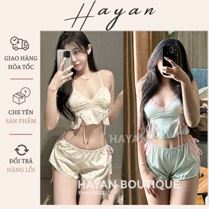 HT84 Bộ ngủ sexy croptop dây rút v1 kèm ĐỆM LÓT sang chảnh,set đồ ngủ lụa 2s gợi cảm dễ thương HT84