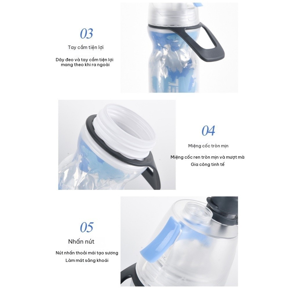 Bình Uống Nước Xịt Phun Sương Thể Thao Làm Mát Nhanh, Có Quai Xách, cốc xịt nước ba lớp giữ lạnh tốt