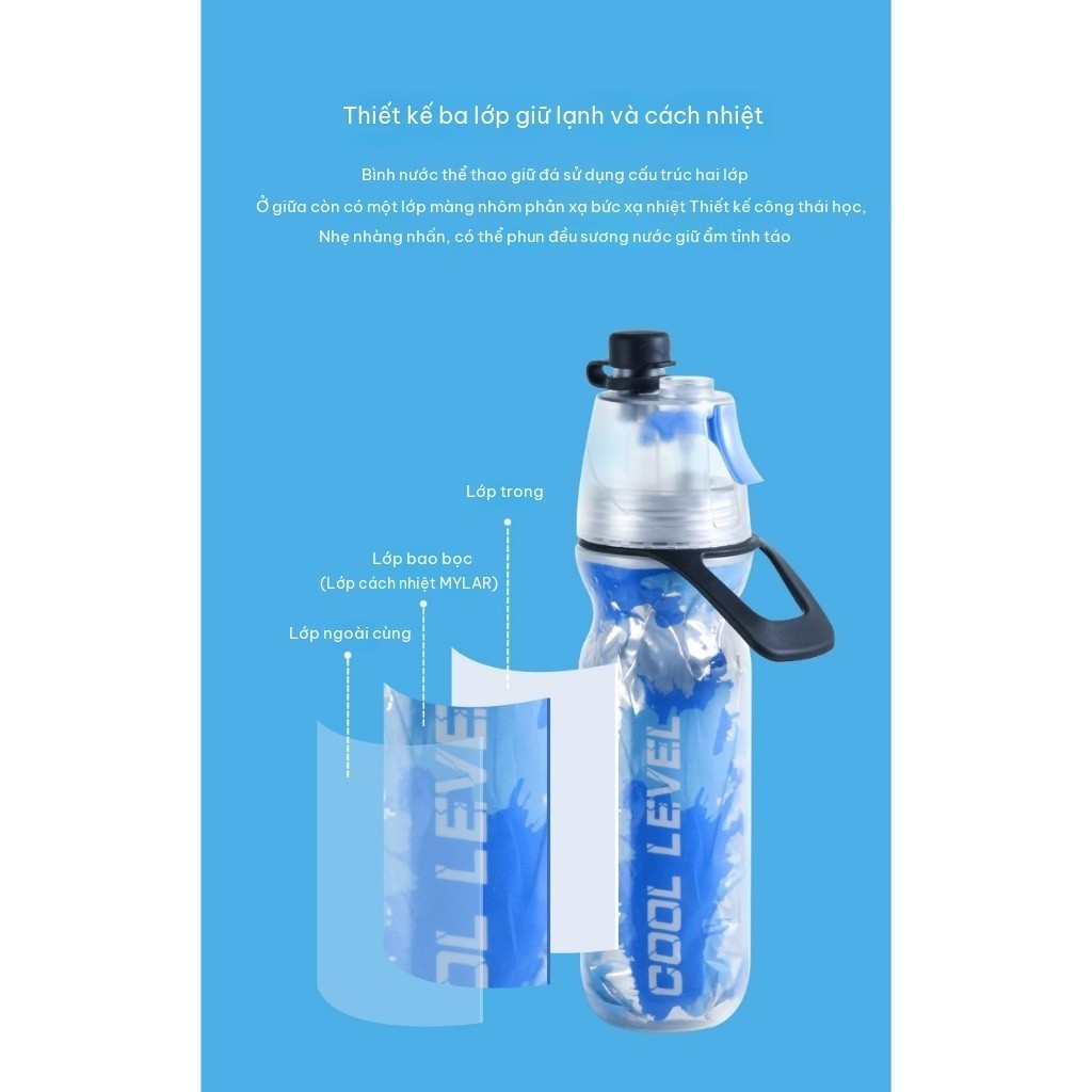 Bình Uống Nước Xịt Phun Sương Thể Thao Làm Mát Nhanh, Có Quai Xách, cốc xịt nước ba lớp giữ lạnh tốt
