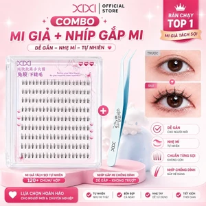 XIXI Combo Mi Giả Tách Sợi Tự Nhiên 120+ Chùm Kèm Nhíp Gắp Mi Chống Dính Dễ Gắn GJ225+JM50