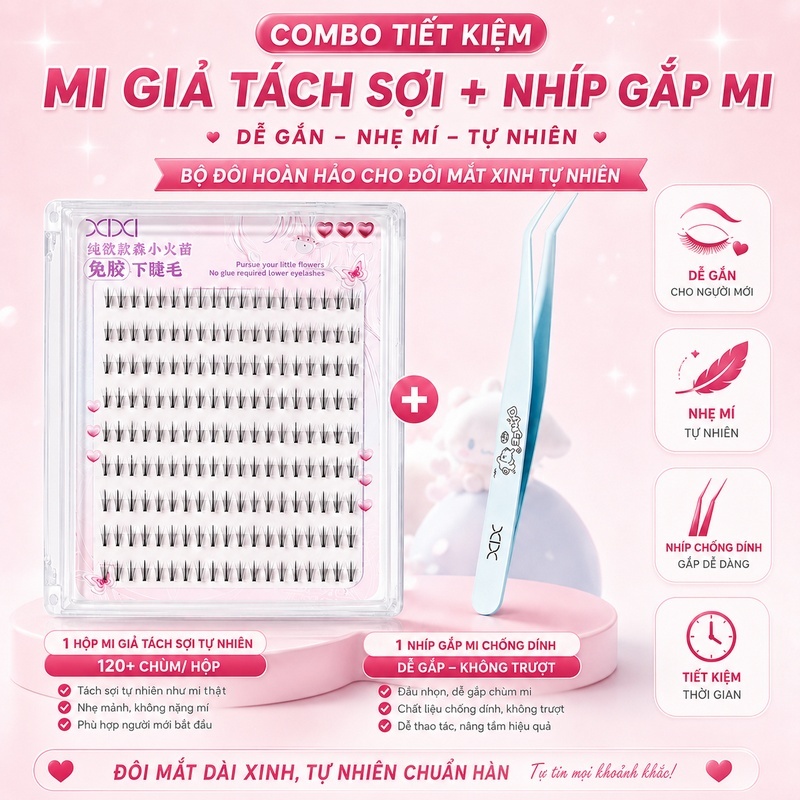 XIXI Combo Mi Giả Tách Sợi Tự Nhiên 120+ Chùm Kèm Nhíp Gắp Mi Chống Dính Dễ Gắn GJ225+JM50